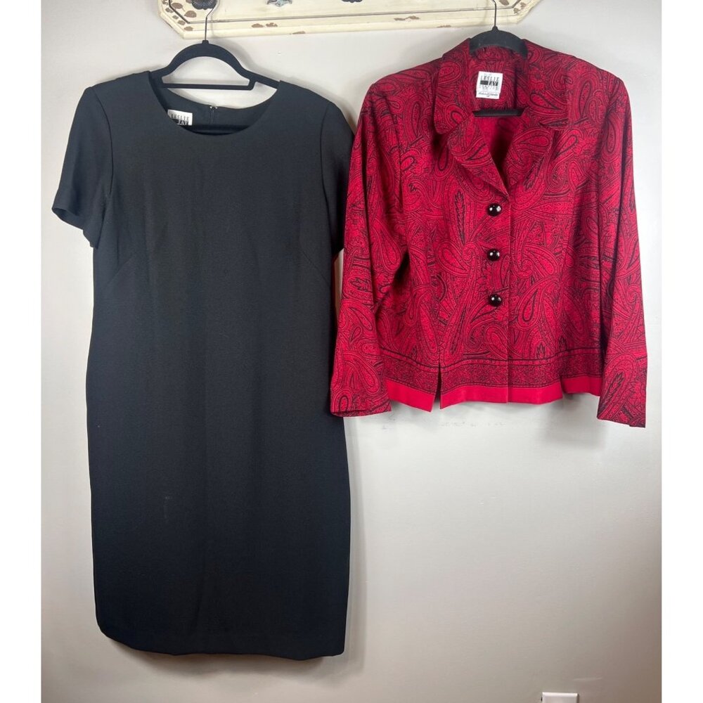 Leslie Fay 2 pc Sleeveless Black Dress Red Blazer Buttons Paisley Swirl 14P
